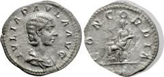 Roman Imperial Coins JULIA PAULA (Augusta, 219-220). Denarius. Rome. Obv: IVLIA PAVLA AVG. Draped bust right. Rev: CONCORDIA. Concordia seated left on throne, holding patera; star to left. RIC 211 (El
