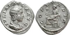 Roman Imperial Coins JULIA PAULA (Augusta, 219-220). Denarius. Rome. Obv: IVLIA PAVLA AVG. Draped bust right. Rev: CONCORDIA. Concordia seated left on throne, holding patera; star to left. RIC 211 (El