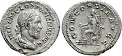Roman Imperial Coins PUPIENUS (238). Denarius. Rome. Obv: IMP C M CLOD PVPIENVS AVG. Laureate, draped and cuirassed bust right. Rev: CONCORDIA AVGG. Concordia seated left on throne, holding patera and