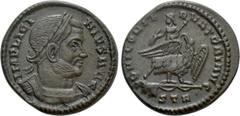 Roman Imperial Coins LICINIUS I (308-324). Follis. Treveri. Obv: IMP LICINIVS AVG. Laureate and cuirassed bust right. Rev: IOVI CONSERVATORI AVG / STR. Licinius, holding thunderbolt and sceptre, seate