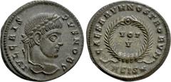 Roman Imperial Coins CRISPUS (Caesar, 316-326). Follis. Siscia. Obv: IVL CRISPVS NOB C. Laureate head right. Rev: CAESARVM NOSTRORVM / ASIS (star). VOT / V in two lines within wreath. RIC 161. Conditi