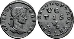 Roman Imperial Coins CRISPUS (Caesar, 316-326). Follis. Arelate. Obv: CRISPVS NOB CAES. Laureate head right. Rev: CAESARVM NOSTRORVM. VO / TIS / V / T A in four lines; pellet below. RIC 210 (R4). Rare