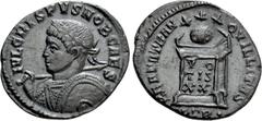 Roman Imperial Coins CRISPUS (Caesar, 316-326). Follis. Treveri. Obv: IVL CRISPVS NOB CAES. Laureate and cuirassed bust left, holding spear and shield. Rev: BEATA TRANQVILLITAS / PTR •. Globus set upo