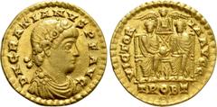 Roman Imperial Coins GRATIAN (367-383). GOLD Solidus. Treveri. Obv: D N GRATIANVS P F AVG. Diademed, draped and cuirassed bust right. Rev: VICTORIA AVGG / TROBT. Valentinian I and Gratian seated facin