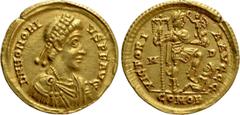 Roman Imperial Coins HONORIUS (393-423). GOLD Solidus. Mediolanum. Obv: D N HONORIVS P F AVG. Diademed, draped and cuirassed bust right. Rev: VICTORIA AVGGG / M - D / COMOB. Honorius standing right, w