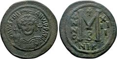 Byzantine Coins JUSTINIAN I (527-565). Follis. Nicomedia. Dated RY 13 (539/40). Obv: D N IVSTINIANVS P P AVG. Helmeted and cuirassed bust facing, holding globus cruciger and shield decorated with hors