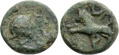 Greek Coins GAUL. Massalia. Ae (After 49 BC). Obv: MAC. Helmeted head of Minerva right. Rev: D / P. Lion leaping left. Cf. Maurel 989; Depeyrot 80. Condition: Near very fine. Weight: 2.31 g. Diameter: