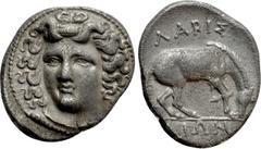 Greek Coins THESSALY. Larissa. Drachm (Circa 356-342 BC). Obv: Head of the nymph Larissa facing slightly left, with hair in ampyx. Rev: ΛΑΡΙΣ / AIΩΝ. Horse crouching right, preparing to roll. BCD Thes