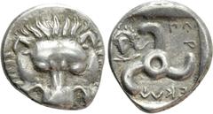 Greek Coins DYNASTS OF LYCIA. Perikles (Circa 380-360 BC). Tetrobol. Uncertain mint, possibly Phellos. Obv: Facing scalp of lion. Rev: Triskeles; in field to left, laureate and draped bust of Apollo f