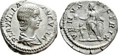 Roman Imperial Coins PLAUTILLA (Augusta, 202-205). Denarius. Rome. Obv: PLAVTILLA AVGVSTA. Draped bust right. Rev: VENVS VICTRIX. Venus standing left, holding apple and palm frond, and resting elbow u