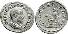Roman Imperial Coins PUPIENUS (238). Denarius. Rome. Obv: IMP C M CLOD PVPIENVS AVG. Laureate, draped and cuirassed bust right. Rev: CONCORDIA AVGG. Concordia seated left on throne, holding patera and