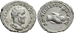 Roman Imperial Coins PUPIENUS (238). Antoninianus. Rome. Obv: IMP CAES PVPIEN MAXIMVS AVG. Radiate, draped and cuirassed bust right. Rev: AMOR MVTVVS AVGG. Clasped hands. RIC 9b. Condition: Very fine.