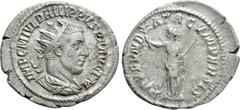 Roman Imperial Coins PHILIP I 'THE ARAB' (244-249). Antoninianus. Antioch. Obv: IMP C M IVL PHILIPPVS P F AVG P M. Radiate, draped and cuirassed bust right. Rev: PAX FVNDATA CVM PERSIS. Pax standing l