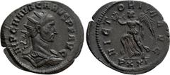 Roman Imperial Coins CARUS (282-283). Antoninianus. Ticinum. Obv: IMP C M AVR CARVS P F AVG. Radiate, draped and cuirassed bust right. Rev: VICTORIA AVG / PXXI. Victory advancing left, holding wreath 