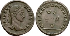 Roman Imperial Coins CRISPUS (Caesar, 316-326). Follis. Arelate. Obv: CRISPVS NOB CAES. Laureate head right. Rev: CAESARVM NOSTRORVM / T A. VO / TIS / V in three lines. RIC 220. Condition: Very fine. 