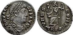 Roman Imperial Coins VALENS (364-378). Siliqua. Treveri. Obv: D N VALENS P F AVG. Diademed, draped and cuirassed bust right. Rev: VRBS ROMA / TRPS•. Roma seated left on throne, holding victoriola and 