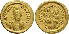 Roman Imperial Coins VALENTINIAN III (425-455). GOLD Solidus. Constantinople. Obv: D N VALENTINIANVS P F AVG. Helmeted and cuirassed bust facing slightly right, holding spear and shield decorated with