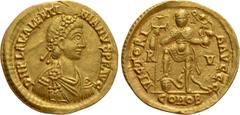 Roman Imperial Coins VALENTINIAN III (425-455). GOLD Solidus. Ravenna. Obv: D N PLA VALENTINIANVS P F AVG. Diademed, draped and cuirassed bust right. Rev: VICTORIA AVGGG / R - V / COMOB. Valentinian s