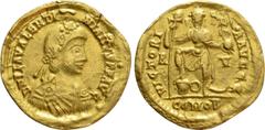 Roman Imperial Coins VALENTINIAN III (425-455). GOLD Solidus. Ravenna. Obv: D N PLA VALENTINIANVS P F AVG. Diademed, draped and cuirassed bust right. Rev: VICTORIA AVGGG / R - V / COMOB. Valentinian s