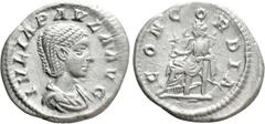 Roman Imperial Coins JULIA PAULA (Augusta, 219-220). Denarius. Rome. Obv: IVLIA PAVLA AVG. Draped bust right. Rev: CONCORDIA. Concordia seated left on throne, holding patera; star to left. RIC 211 (El