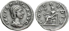 Roman Imperial Coins JULIA PAULA (Augusta, 219-220). Denarius. Rome. Obv: IVLIA PAVLA AVG. Draped bust right. Rev: CONCORDIA. Concordia seated left on throne, holding patera; star to left. RIC 211 (El