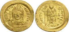 Byzantine Coins JUSTINIAN I (527-565). GOLD Solidus. Constantinople. Obv: D N IVSTINIANVS P P AVG. Helmeted and cuirassed bust facing, holding globus cruciger and shield decorated with horseman motif.