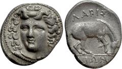 Greek Coins THESSALY. Larissa. Drachm (Circa 356-342 BC). Obv: Head of the nymph Larissa facing slightly left, with hair in ampyx. Rev: ΛΑΡΙΣ / AIΩΝ. Horse crouching right, preparing to roll. BCD Thes