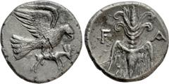 Greek Coins ELIS. Olympia. Drachm (134th-143rd Olympiad). Obv: Eagle flying right, tearing at hare held in talons. Rev: F - A. Thunderbolt with double volutes above and wings below. BCD Olympia 243; H