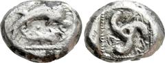 Greek Coins DYNASTS OF LYCIA. Tha...? (Circa 480-460 BC). Stater. Obv: Dolphin swimming right above fish; waves below. Rev: Triskeles. Cf. Müseler III, 50. Condition: Very fine. Weight: 7.74 g. Diamet