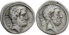 Roman Republican Coins Q. SERVILIUS CAEPIO (M. JUNIUS) BRUTUS. Denarius (54 BC). Rome. Obv: BRVTVS. Bare head of L. Junius Brutus right. Rev: AHALA. Bare head of C. Servilius Ahala right. Crawford 433