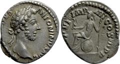 Roman Imperial Coins COMMODUS (177-192). Denarius. Rome. Obv: M COMMODVS ANTONINVS AVG. Laureate head right. Rev: TR P VI IMP IIII COS III P P. Roma seated left on shield with spear and victory. RIC 1