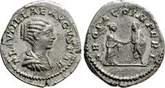 Roman Imperial Coins PLAUTILLA (Augusta, 202-205). Denarius. Rome. Obv: PLAVTILLAE AVGVSTAE. Draped bust right. Rev: PROPAGO IMPERI. Plautilla standing right, clasping hands with Caracalla standing le
