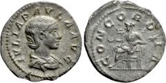 Roman Imperial Coins JULIA PAULA (Augusta, 219-220). Denarius. Rome. Obv: IVLIA PAVLA AVG. Draped bust right. Rev: CONCORDIA. Concordia seated left on throne, holding patera; star to right. RIC 211 (E