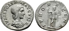 Roman Imperial Coins JULIA SOAEMIAS (Augusta, 218-222). Denarius. Rome. Obv: IVLIA SOAEMIAS AVGVSTA. Draped bust right. Rev: IVNO REGINA. Juno standing right with sceptre and palladium. RIC 237. Ex F.
