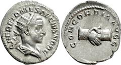 Roman Imperial Coins HERENNIUS ETRUSCUS (Caesar, 249-251). Antoninianus. Rome. Obv: Q HER ETR MES DECIVS NOB C. Radiate and draped bust right. Rev: CONCORDIA AVGG. Clasped hands. RIC 138 (Decius). Con