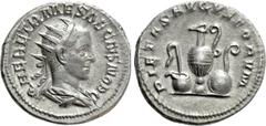Roman Imperial Coins HERENNIUS ETRUSCUS (Caesar, 249-251). Antoninianus. Rome. Obv: Q HER ETR MES DECIVS NOB C. Radiate and draped bust right.. Rev: PIETAS AVGVSTORVM. Emblems of the pontificate: aspe