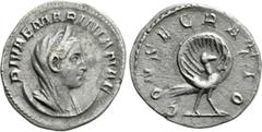 Roman Imperial Coins DIVA MARINIANA (Died before 253). Antoninianus. Rome. Obv: DIVAE MARINIANAE. Veiled, diademed and draped bust right. Rev: CONSECRATIO. Peacock standing right, with tail feathers s