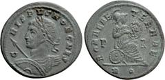 Roman Imperial Coins CRISPUS (Caesar, 316-326). Follis. Rome. Obv: CRISPVS NOB CAES. Laureate, draped and cuirassed bust left, holding shield and spear. Rev: ROMAE AETERNAE / P - R / R Q. Roma seated 