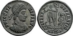 Roman Imperial Coins CONSTANS (337-350). Follis. Siscia. Obv: D N CONSTANS P F AVG. Diademed, draped and cuirassed bust right. Rev: FEL TEMP REPARATIO / A SIS (symbol). Constans standing left in galle