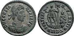 Roman Imperial Coins CONSTANS (337-350). Follis. Siscia. Obv: D N CONSTANS P F AVG. Diademed, draped and cuirassed bust right. Rev: FEL TEMP REPARATIO / A SIS (symbol). Constans standing left in galle