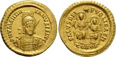 Roman Imperial Coins VALENTINIAN III (425-455). GOLD Solidus. Constantinople. Obv: D N VALENTINIANVS P F AVG. Helmeted and cuirassed bust facing slightly right, holding spear and shield decorated with