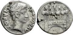 Roman Imperial Coins AUGUSTUS (27 BC-14 AD). Fourreé Denarius. Uncertain Italian mint, possibly Rome. Obv: AVGVSTVS TR POT. Bare head right. Rev: Octavian's Actian arch (Arcus Octaviani) surmounted by