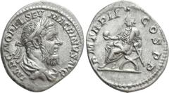 Roman Imperial Coins MACRINUS (217-218). Denarius. Rome. Obv: IMP C M OPEL SEV MACRINVS AVG. Laureate and draped bust right. Rev: P M TR P II COS P P. Macrinus seated left on curule chair, holding glo