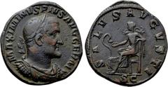 Roman Imperial Coins MAXIMINUS THRAX (235-238). Sestertius. Rome. Obv: MAXIMINVS PIVS AVG GERM. Laureate, draped and cuirassed bust right. Rev: SALVS AVGVSTI / S C. Salus seated left on throne, feedin
