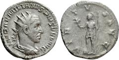 Roman Imperial Coins AEMILIAN (253). Antoninianus. Rome. Obv: IMP AEMILIANVS PIVS FEL AVG. Radiate, draped and cuirassed bust right. Rev: VIRTVS AVG. Virtus standing left, with foot set upon helmet, h