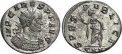 Roman Imperial Coins CARUS (282-283). Antoninianus. Ticinum. Obv: IMP CARVS P F AVG. Radiate and cuirassed bust right. Rev: SPES PVBLICA / SXXI. Spes advancing left, holding flower and raising hem of 