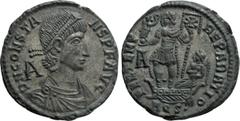 Roman Imperial Coins CONSTANS (337-350). Ae. Aquileia. Obv: D N CONSTANS P F AVG. Diademed, draped and cuirassed bust right. Rev: FEL TEMP REPARATIO / A / AQS •. Constans standing left in galley, hold