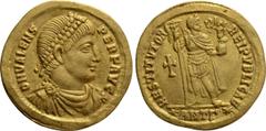 Roman Imperial Coins VALENS (364-378). GOLD Solidus. Antioch. Obv: D N VALENS PER F AVG. Diademed, draped and cuirassed bust right. Rev: RESTITVTOR REIPVBLICAE / ✷ANTΓ✷. Valentinian standing facing, h