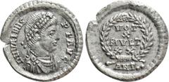 Roman Imperial Coins VALENS (364-378). Siliqua. Antioch. Obv: D N VALENS P F AVG. Diademed, draped and cuirassed bust right. Rev: VOT / X / MVLT / XX / ANT • •. Legend in four lines within wreath. RIC