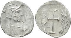 Byzantine Coins MAURICE TIBERIUS (582-602). Half Siliqua(?). Constantinople. Ceremonial coinage. Obv: Helmeted, draped and cuirassed bust right. Rev: Cross potent; palm frond to left and right. Cf. Se